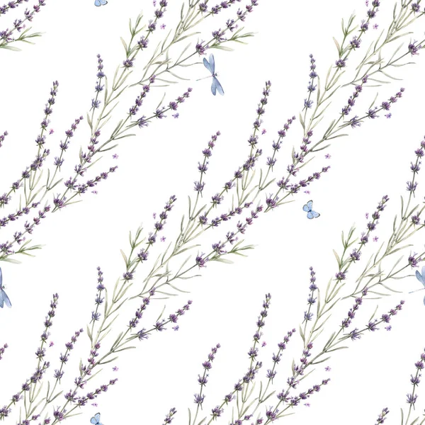 美丽的无缝合花普罗旺斯图案与水彩画手绘淡紫色花。库存说明. — 图库照片