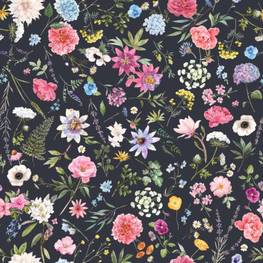 Güzel vektörsüz çiçek deseni suluboya elle çizilmiş yaz çiçekleri. Stok çizimi. Doğal sanat eserleri.