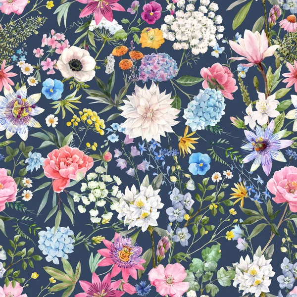 水彩手で美しいベクトルシームレスな花のパターンは穏やかな夏の花を描きました。ストックイラスト。自然画. — ストックベクタ