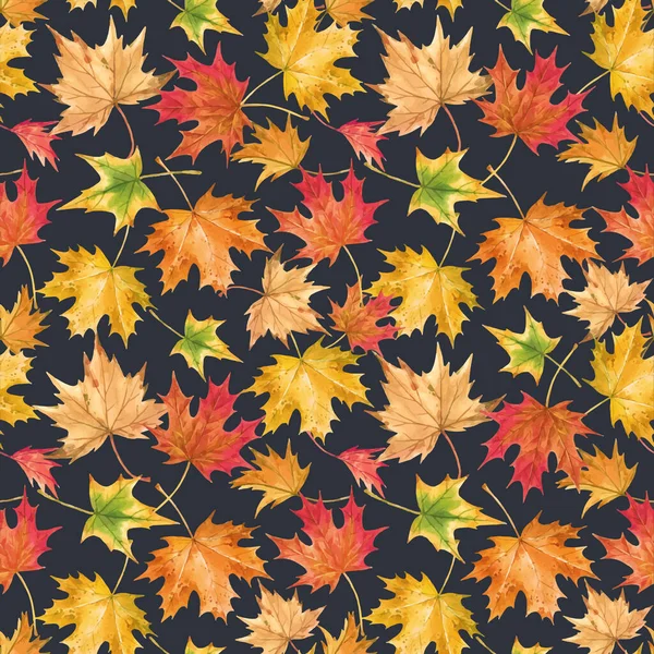 Beautiful vector seamless autumn pattern with watercolor colorful maple leaves. Stock illustration. — Stock Vector