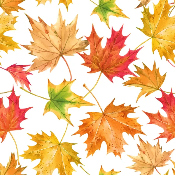 Beautiful vector seamless autumn pattern with watercolor colorful maple leaves. Stock illustration. — Stock Vector