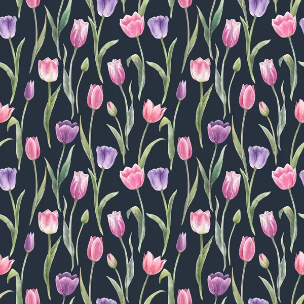 Beautiful floral seamless pattern with hand drawn watercolor tulip flowers. Stock illustration. — Stock Photo, Image