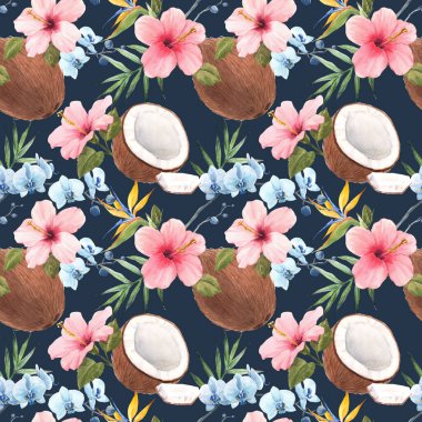 Suluboya el yapımı hindistan cevizi, gül amfibisi ve mavi orkidesi olan kusursuz tropikal desenler. Stok illüstrasyonu.