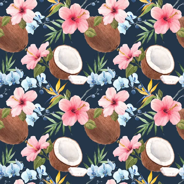 Bellissimo motivo tropicale senza cuciture con acquerello disegnato a mano cocco, rosa ibisco e orchidea blu. Illustrazione delle scorte. — Foto Stock