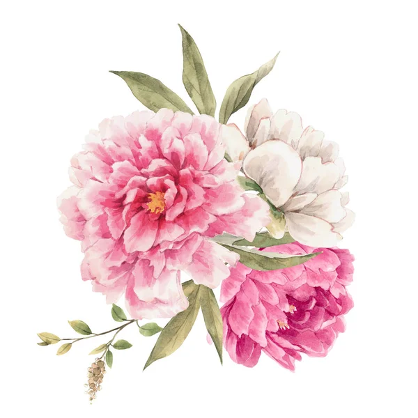Beautiful floral composition with hand drawn watercolor gentle pink peony flowers bouquet. Stock illuistration. — Stock Photo, Image