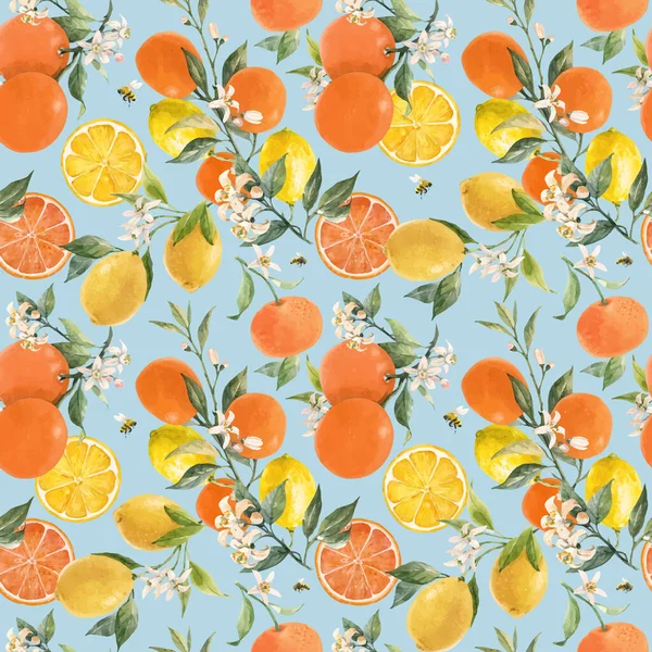 Hermoso patrón inconsútil vector con acuarela mano dibujado cítricos naranja limón pomelo frutas. Ilustración general. — Vector de stock