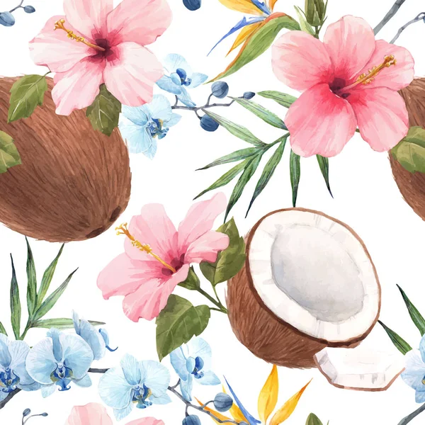 Magnifique motif tropical sans couture vectoriel avec aquarelle à la main noix de coco, hibiscus rose et orchidée bleue. Illustration de stock. — Image vectorielle