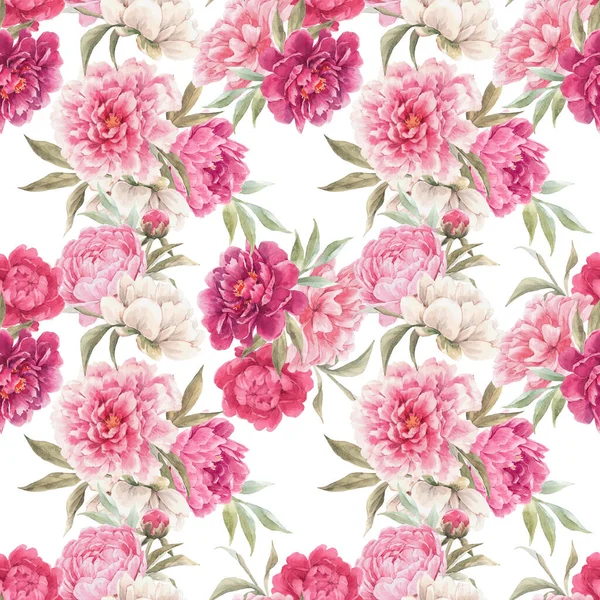 Beautiful seamless floral pattern with hand drawn watercolor gentle pink peony flowers. Stock illuistration. — Stock Photo, Image