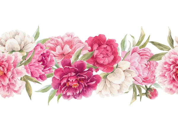 Mooi naadloos bloemen horizontaal patroon met de hand getrokken aquarel zachte roze pioenroos bloemen. Voorraadillusie. — Stockfoto