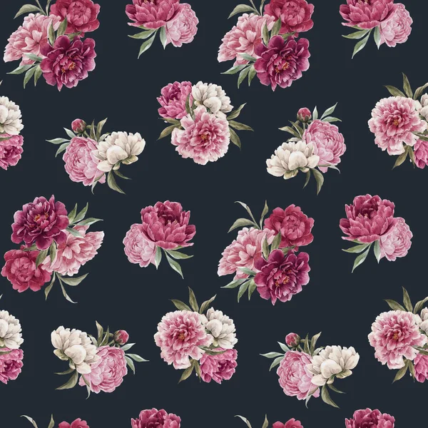 Hermoso patrón floral sin costuras con acuarela dibujada a mano suaves flores de peonía rosa. Ilustración de existencias. —  Fotos de Stock