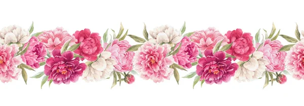 Mooi naadloos bloemen horizontaal patroon met de hand getrokken aquarel zachte roze pioenroos bloemen. Voorraadillusie. — Stockfoto