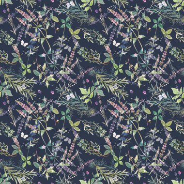 Güzel, pürüzsüz çiçek desenleri, elle çizilmiş suluboya, nane çiçekleri ve diğer otlar. Stok resimlemesi.