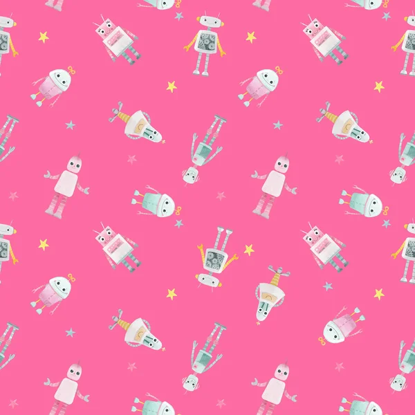 Beautiful seamless baby girl pattern with cute hand drawn watercolor robots. Stock illustration. — Stock Photo, Image