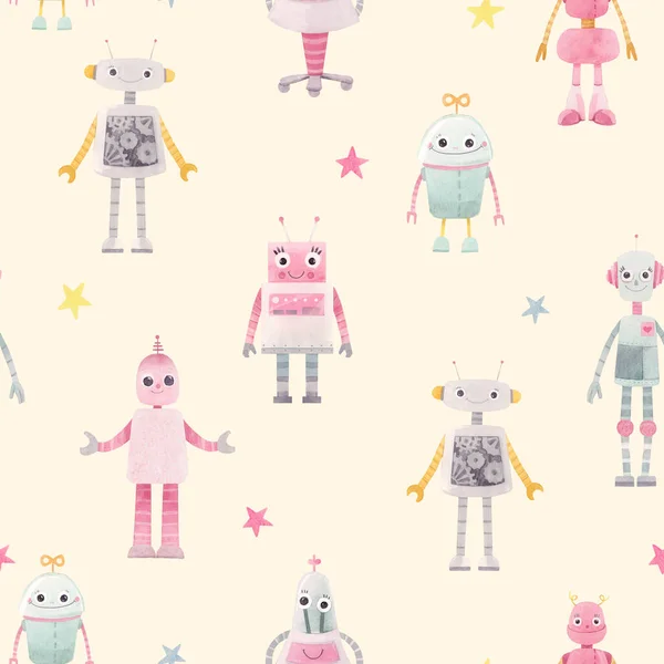 Bella senza soluzione di continuità modello bambina con simpatici robot ad acquerello disegnati a mano. Illustrazione delle scorte. — Foto Stock