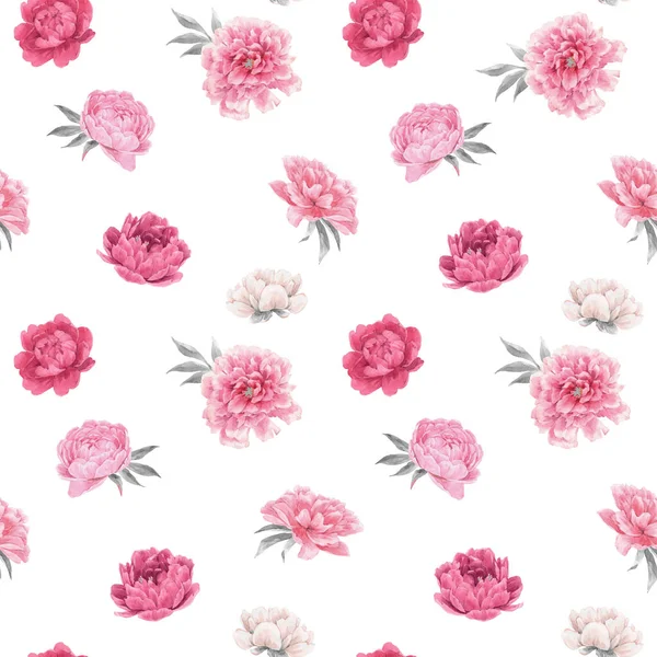 Beautiful seamless floral pattern with hand drawn watercolor gentle pink peony flowers. Stock illuistration. — Stock Photo, Image