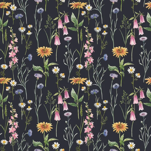 Beautiful seamless floral pattern with hand drawn watercolor gentle wild field flowers. Stock illuistration. — Zdjęcie stockowe