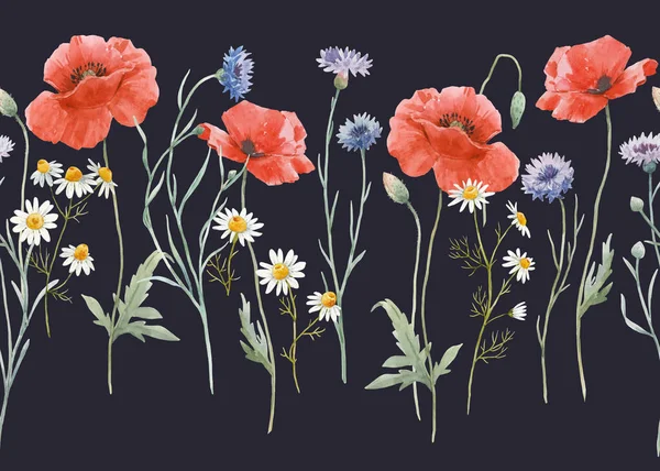 Όμορφη απρόσκοπτη floral μοτίβο με ζωγραφισμένα στο χέρι ακουαρέλα ήπια άγρια λουλούδια χωράφι παπαρούνα καλαμποκιού. Εικονογράφηση αποθεμάτων. — Φωτογραφία Αρχείου