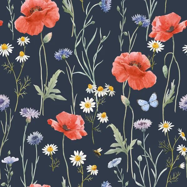 Beautiful seamless floral pattern with hand drawn watercolor gentle wild field flowers cornflower poppy. Stock illuistration. — Stock Photo, Image