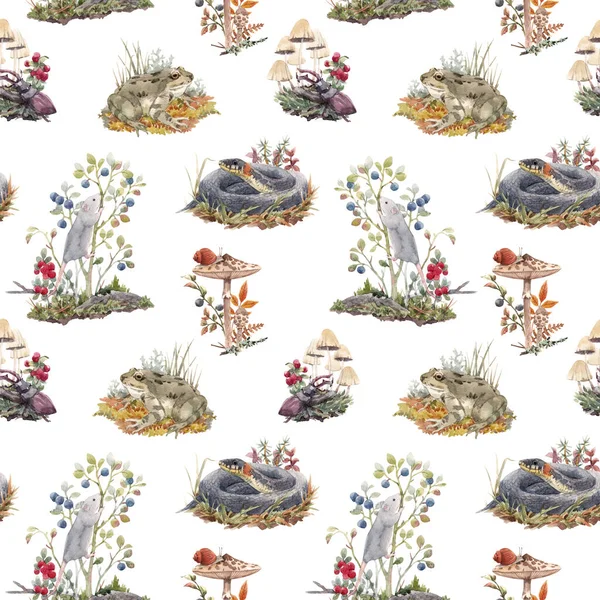 Beautiful seamless forest pattern with cute watercolor hand drawn wild animals snake mouse frog and berries mushrooms. Stock illustration.