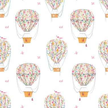 Şirin suluboya elle güzel, pürüzsüz bir desen çizilmiş yumuşak çiçekli hava balonları. Stok illüstrasyonu.