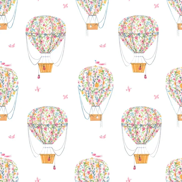 Όμορφη διάνυσμα αδιάλειπτη μοτίβο με χαριτωμένο ακουαρέλα χέρι που αέρα baloons με απαλά λουλούδια. Εικονογράφηση αποθέματος. — Διανυσματικό Αρχείο