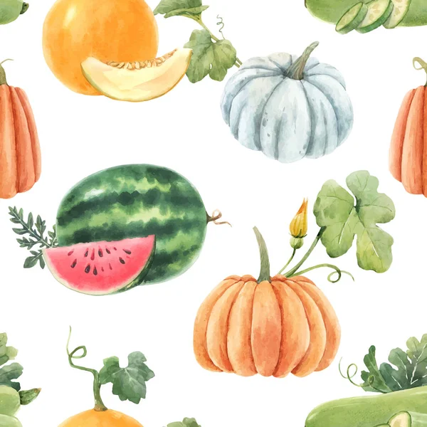 Vacker vektor sömlöst mönster med söt akvarell hand dras melon vattenmelon och pumpa grönsaker. Lagerillustration. — Stock vektor