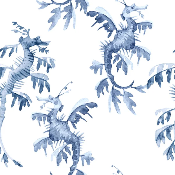 Beautiful seamless underwater pattern with watercolor sea horse. Stock illustration. — Stock Photo, Image