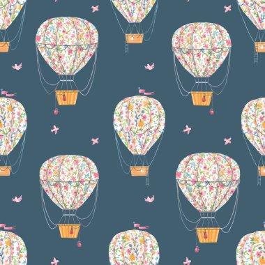Şirin suluboya elle güzel, pürüzsüz bir desen çizilmiş yumuşak çiçekli hava balonları. Stok illüstrasyonu.