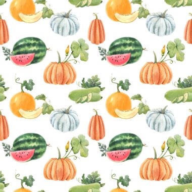 Güzel vektörsüz desenli, suluboya elle çizilmiş karpuz ve balkabağı sebzeli. Stok illüstrasyonu.