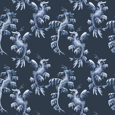 Suluboya deniz atı desenli, kusursuz su altı deseni. Stok illüstrasyonu.