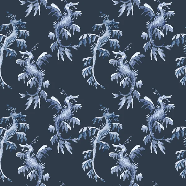 Όμορφη απρόσκοπτη υποβρύχια μοτίβο με υδατογραφία ιππόκαμπος. Εικονογράφηση αποθέματος. — Φωτογραφία Αρχείου