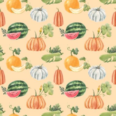 Güzel vektörsüz desenli, suluboya elle çizilmiş karpuz ve balkabağı sebzeli. Stok illüstrasyonu.