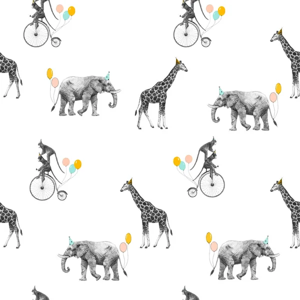 Beautiful vector seamless pattern with safari animal birthday party. Monkey on bike giraffe and elephant with baloons, — стоковый вектор