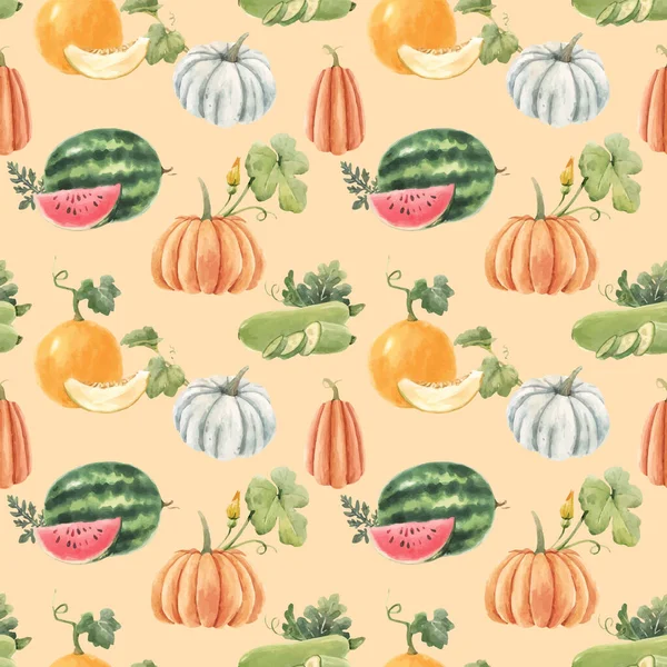 Hermoso patrón inconsútil vector con linda sandía de melón dibujado a mano acuarela y verduras de calabaza. Ilustración general. — Vector de stock