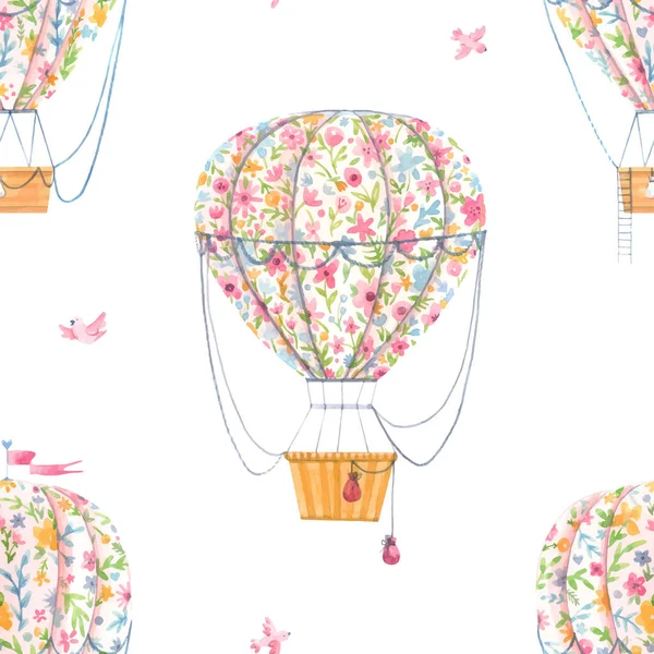 Şirin suluboya elle güzel, pürüzsüz bir desen çizilmiş yumuşak çiçekli hava balonları. Stok illüstrasyonu. — Stok Vektör
