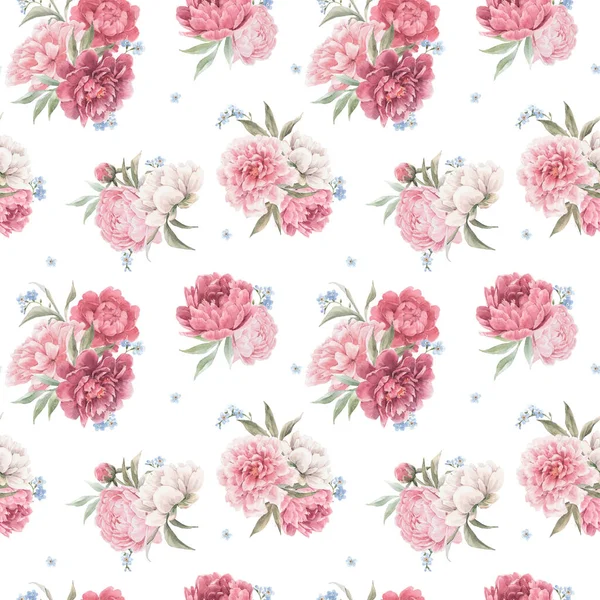 Hermoso patrón floral sin costuras con acuarela dibujada a mano suaves flores de peonía rosa. Ilustración de existencias. —  Fotos de Stock