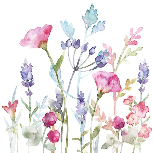 Цветочный бесшовный узор с симпатичными акварельными ручками, нарисованными дикими цветами. Иллюстрация. — стоковое фото