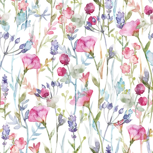 Beautiful floral seamless pattern with cute watercolor hand drawn abstract wild flowers. Stock illustration. — Stock Photo, Image