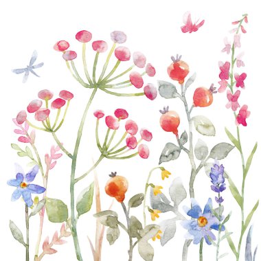 Çiçeksiz desenli, güzel suluboya el çizimi, soyut yabani çiçekler. Stok illüstrasyonu.