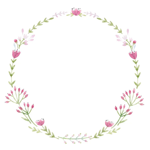 Belle couronne florale avec de jolies fleurs sauvages abstraites dessinées à la main aquarelle et oiseau. Illustration de stock. — Photo