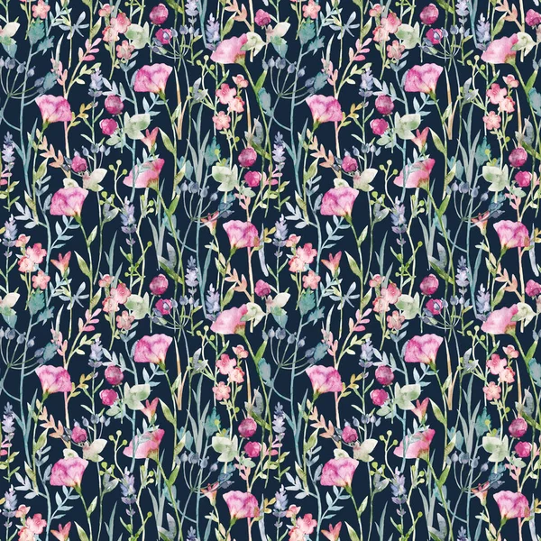 Beautiful floral seamless pattern with cute watercolor hand drawn abstract wild flowers. Stock illustration. — Stock Photo, Image