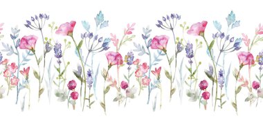 Çiçeksiz desenli, güzel suluboya el çizimi, soyut yabani çiçekler. Stok illüstrasyonu.