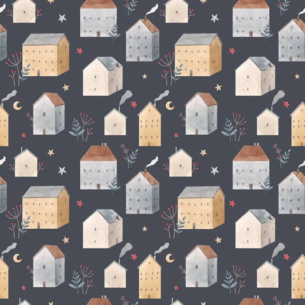 Prachtige winter naadloze patroon met de hand getekend aquarel schattige huizen. Voorraadillustratie. — Stockfoto