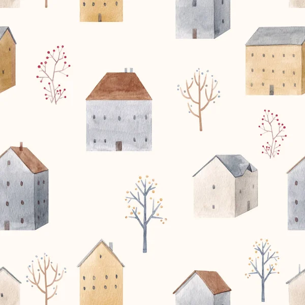 手描きの水彩かわいい家と美しい冬のシームレスなパターン。ストックイラスト. — ストック写真