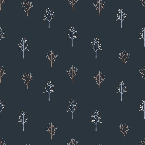 Зимний беззубый узор с нарисованными акварелью симпатичными деревьями. Иллюстрация. — стоковое фото