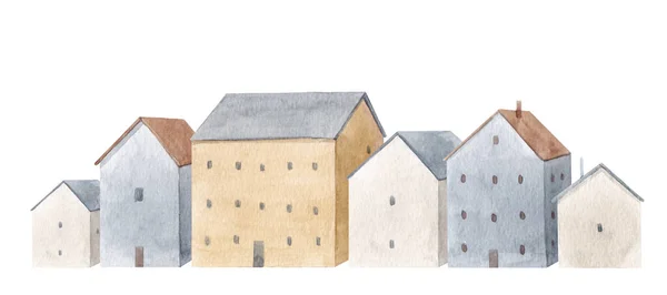 Зимняя композиция с нарисованными вручную акварелями симпатичными домами. Иллюстрация. — стоковое фото