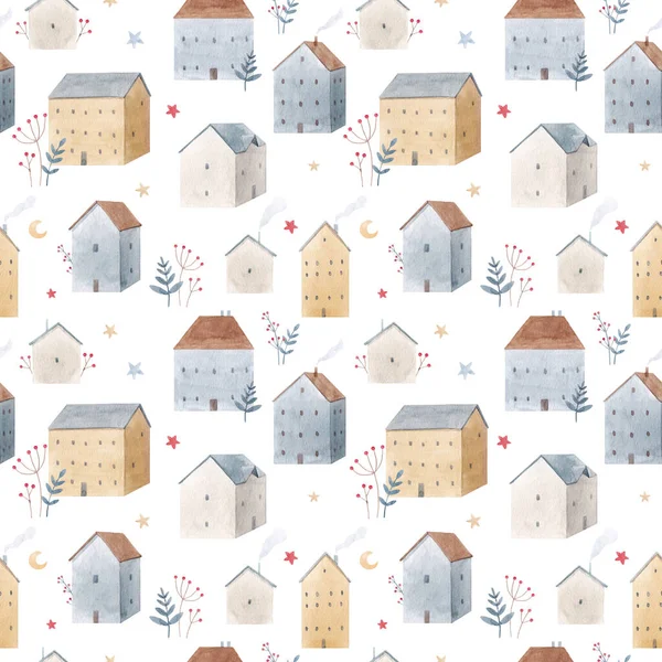 Belo padrão sem costura inverno com mão desenhada aquarela casas bonitos. Ilustração das existências. — Fotografia de Stock