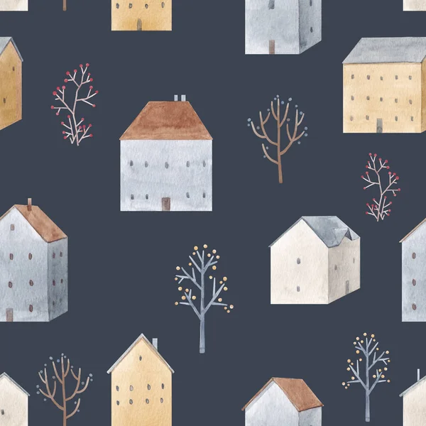 Beau modèle sans couture d'hiver avec des maisons mignonnes aquarelle dessinées à la main. Illustration de stock. — Photo