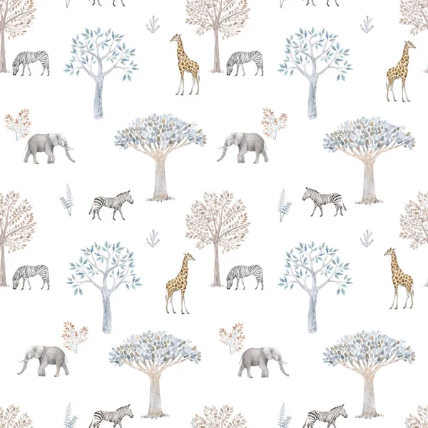 Hermoso patrón sin costura con acuarela dibujada a mano lindos árboles y animales de cebra elefante safari jirafa. Ilustración general. — Foto de Stock