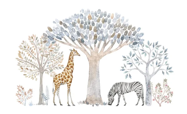 Gyönyörű kompozíció kézzel rajzolt akvarell aranyos fák és szafari állatok. Készletillusztráció. — Stock Fotó